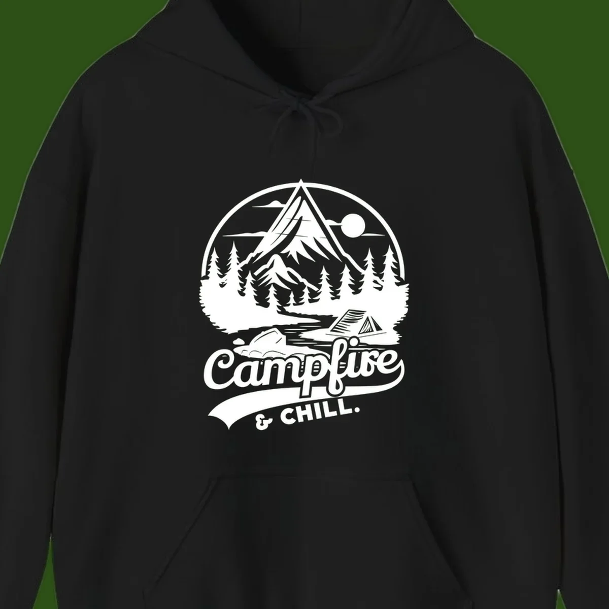 Circular mountain camping badge design featuring snow peak, forest, tent, and campfire with 'Campfire & Chill' text