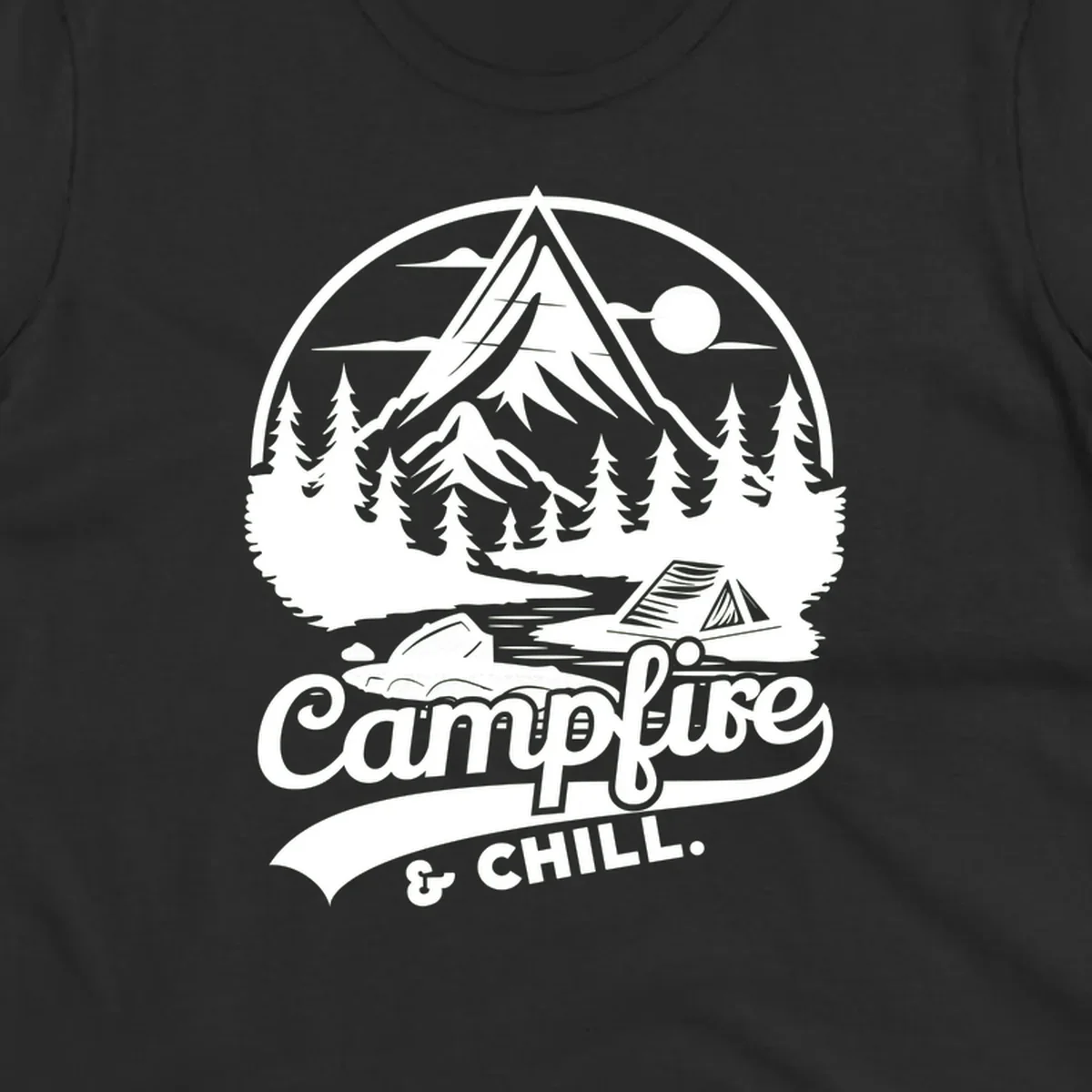 Circular mountain camping badge design featuring snow peak, forest, tent, and campfire with 'Campfire & Chill' text