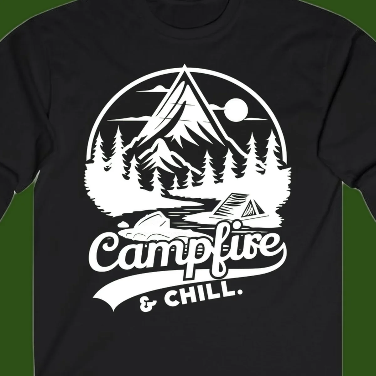 Circular mountain camping badge design featuring snow peak, forest, tent, and campfire with 'Campfire & Chill' text