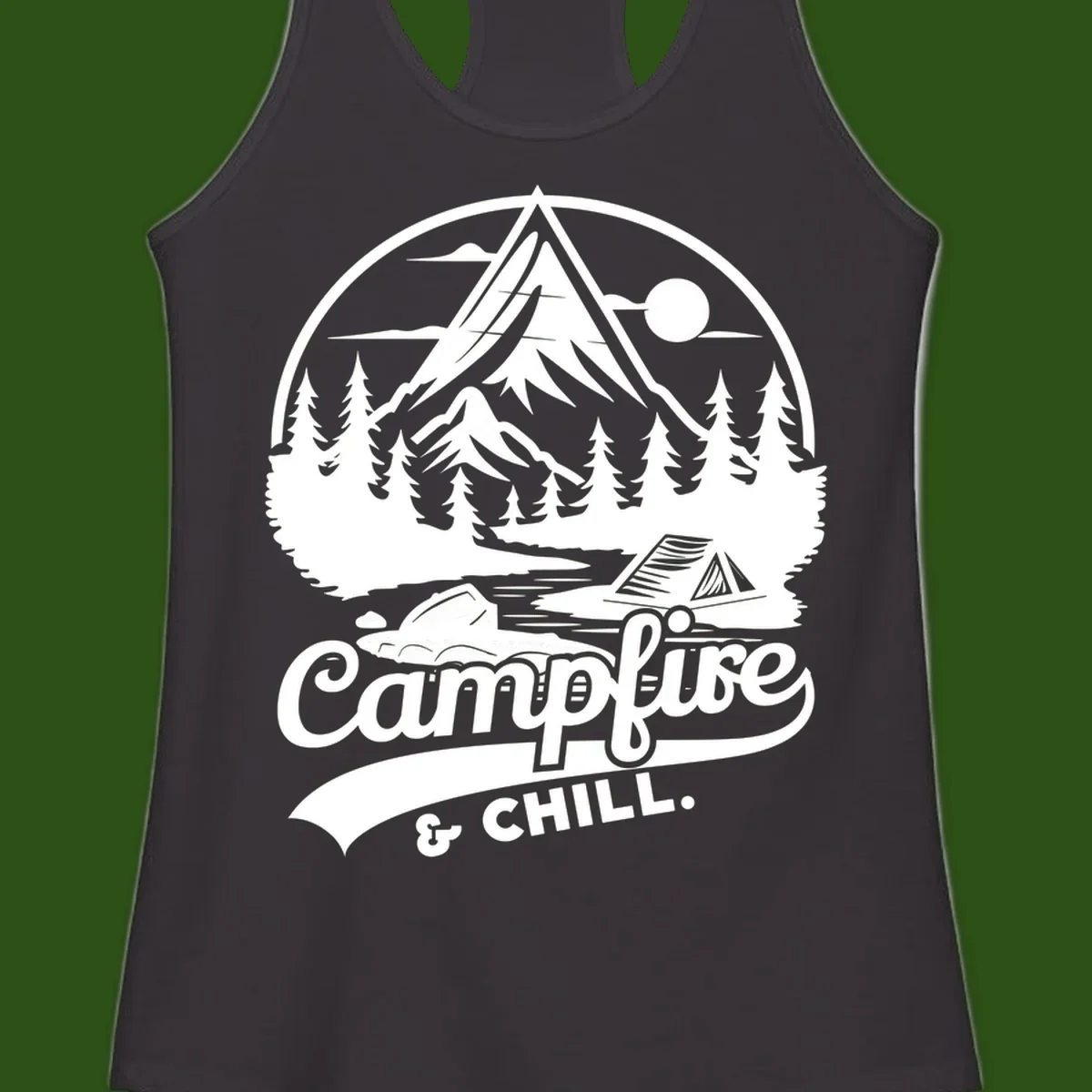 Circular mountain camping badge design featuring snow peak, forest, tent, and campfire with 'Campfire & Chill' text