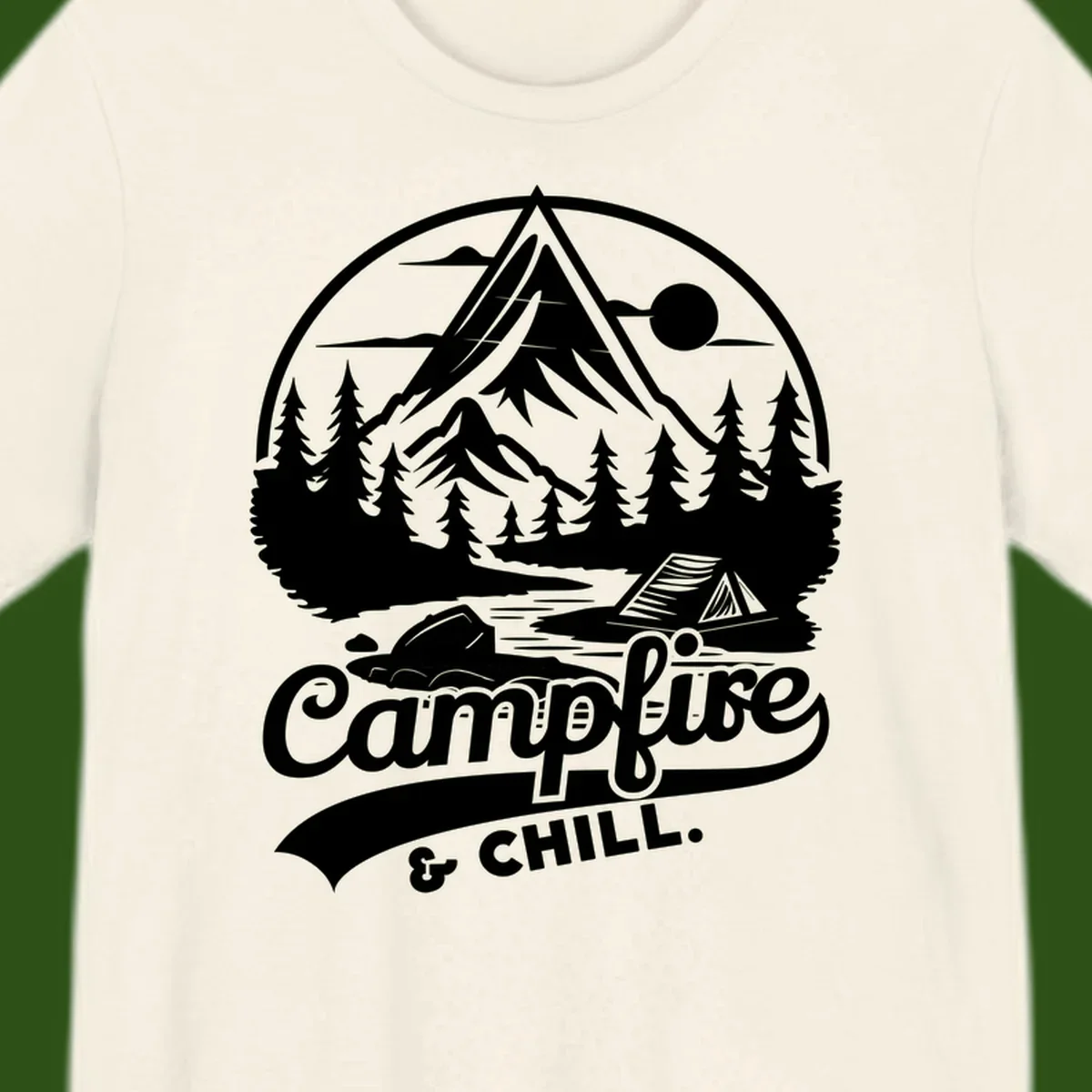 Circular mountain camping badge design featuring snow peak, forest, tent, and campfire with 'Campfire & Chill' text