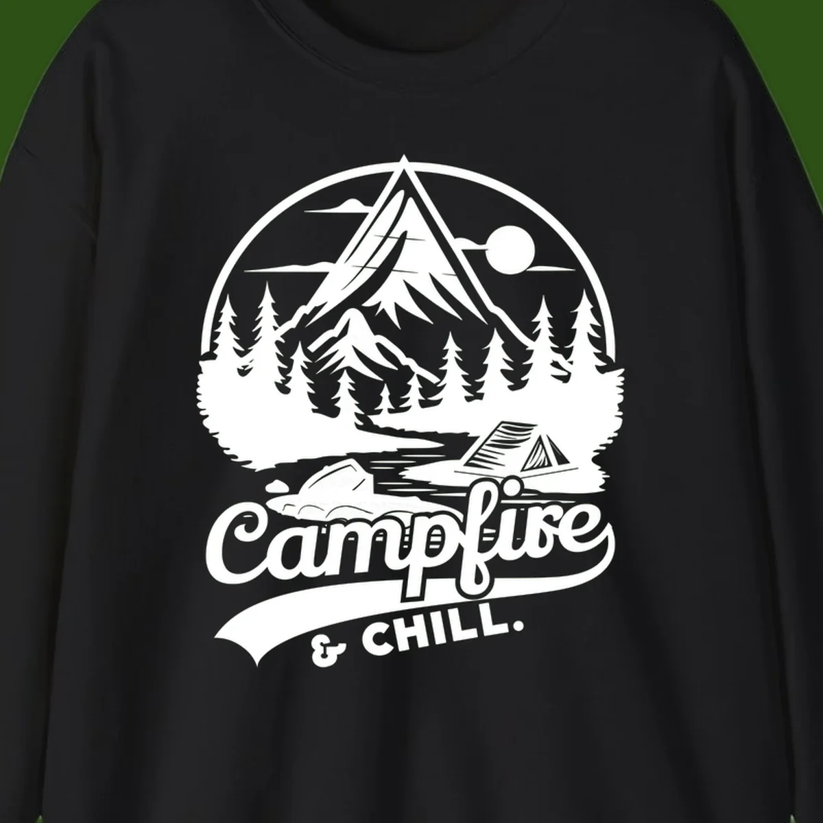 Circular mountain camping badge design featuring snow peak, forest, tent, and campfire with 'Campfire & Chill' text