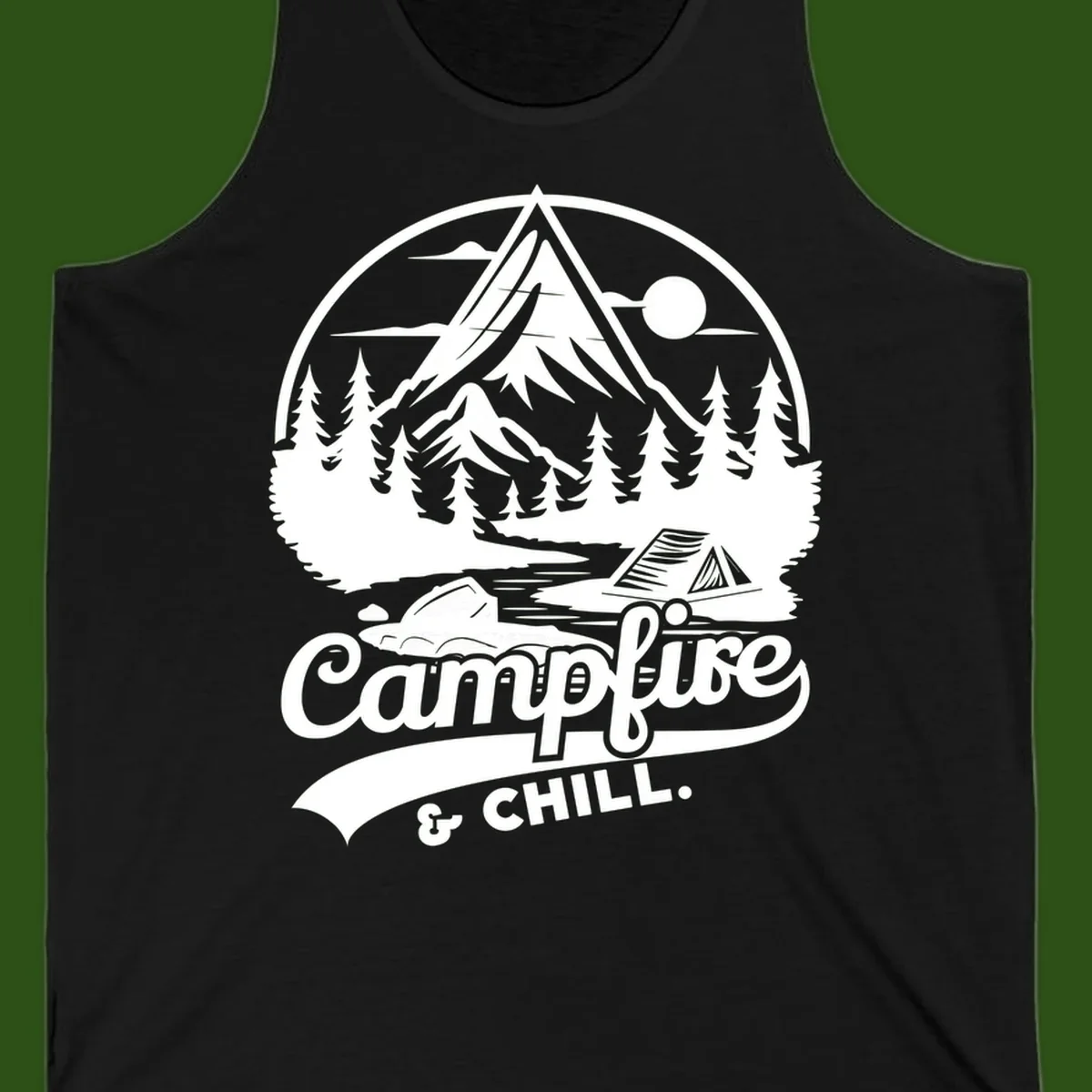 Circular mountain camping badge design featuring snow peak, forest, tent, and campfire with 'Campfire & Chill' text