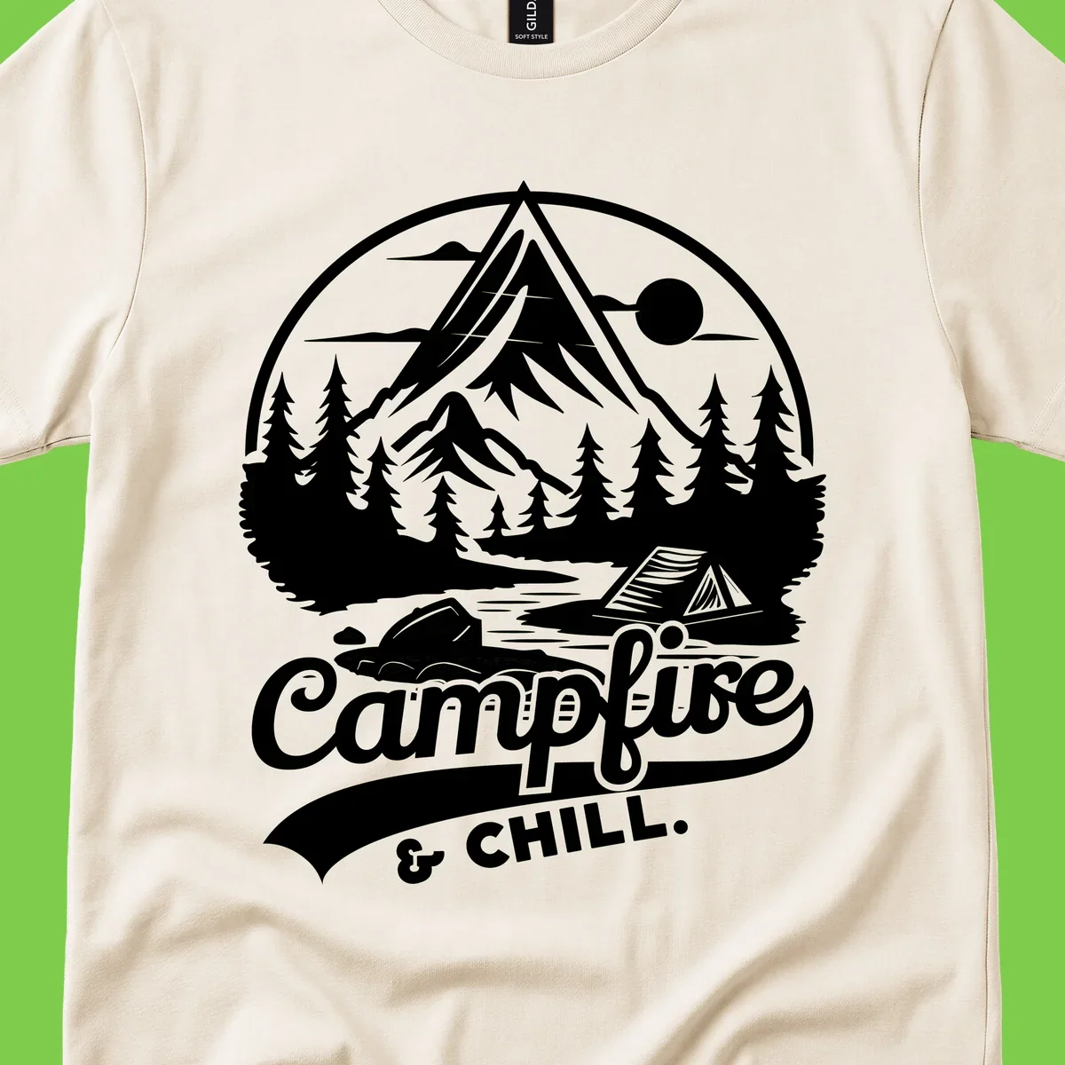Circular mountain camping badge design featuring snow peak, forest, tent, and campfire with 'Campfire & Chill' text