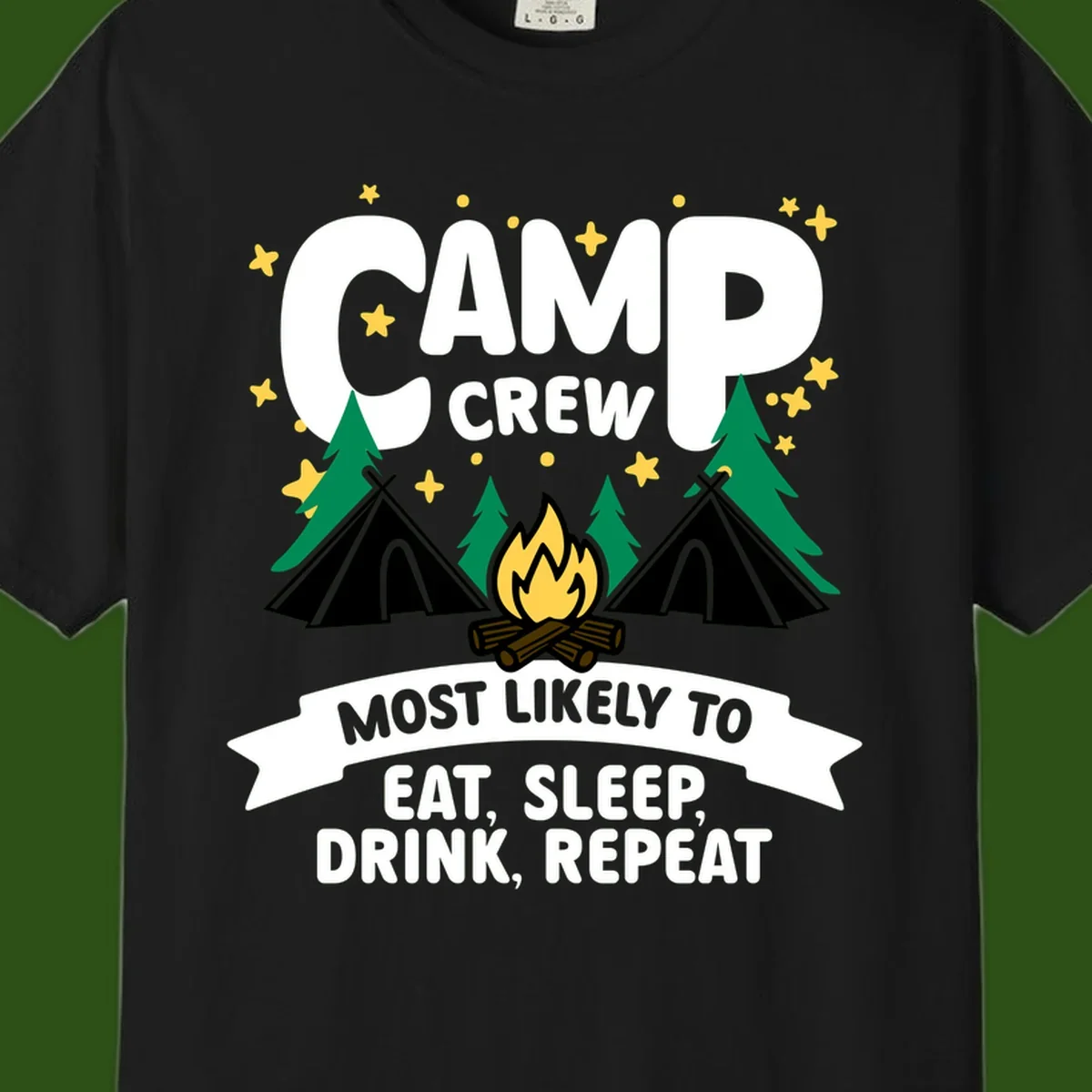 Camp crew superlative design with tents, campfire, stars, and 'eat sleep drink repeat' text on gray background