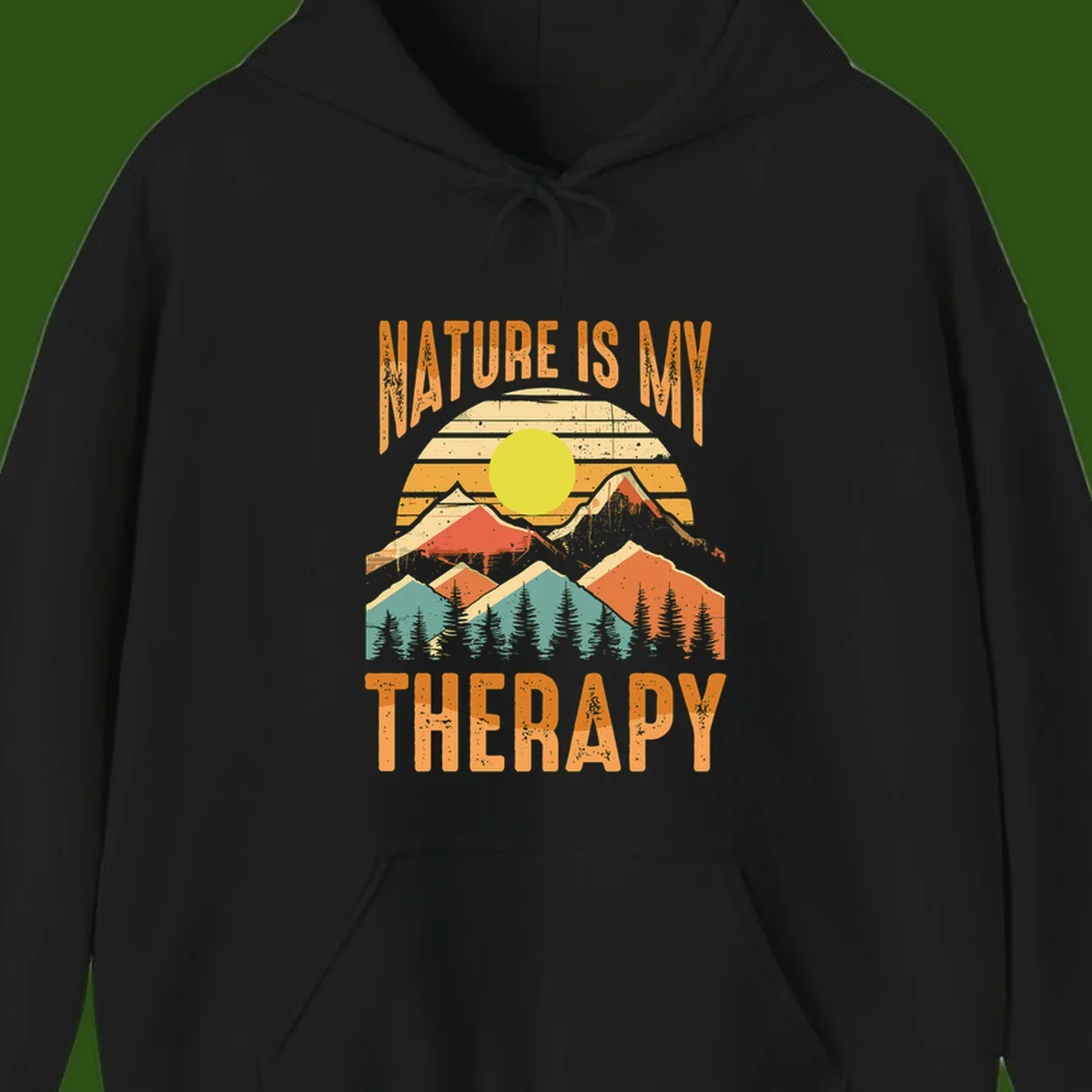Vintage-style nature is my therapy design featuring layered mountains, sun, and forest with retro stripes and distressed texture