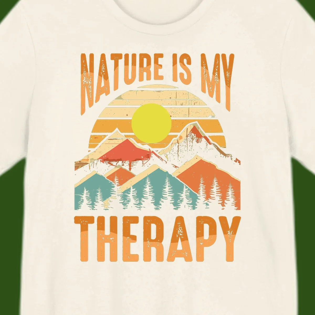Vintage-style nature is my therapy design featuring layered mountains, sun, and forest with retro stripes and distressed texture