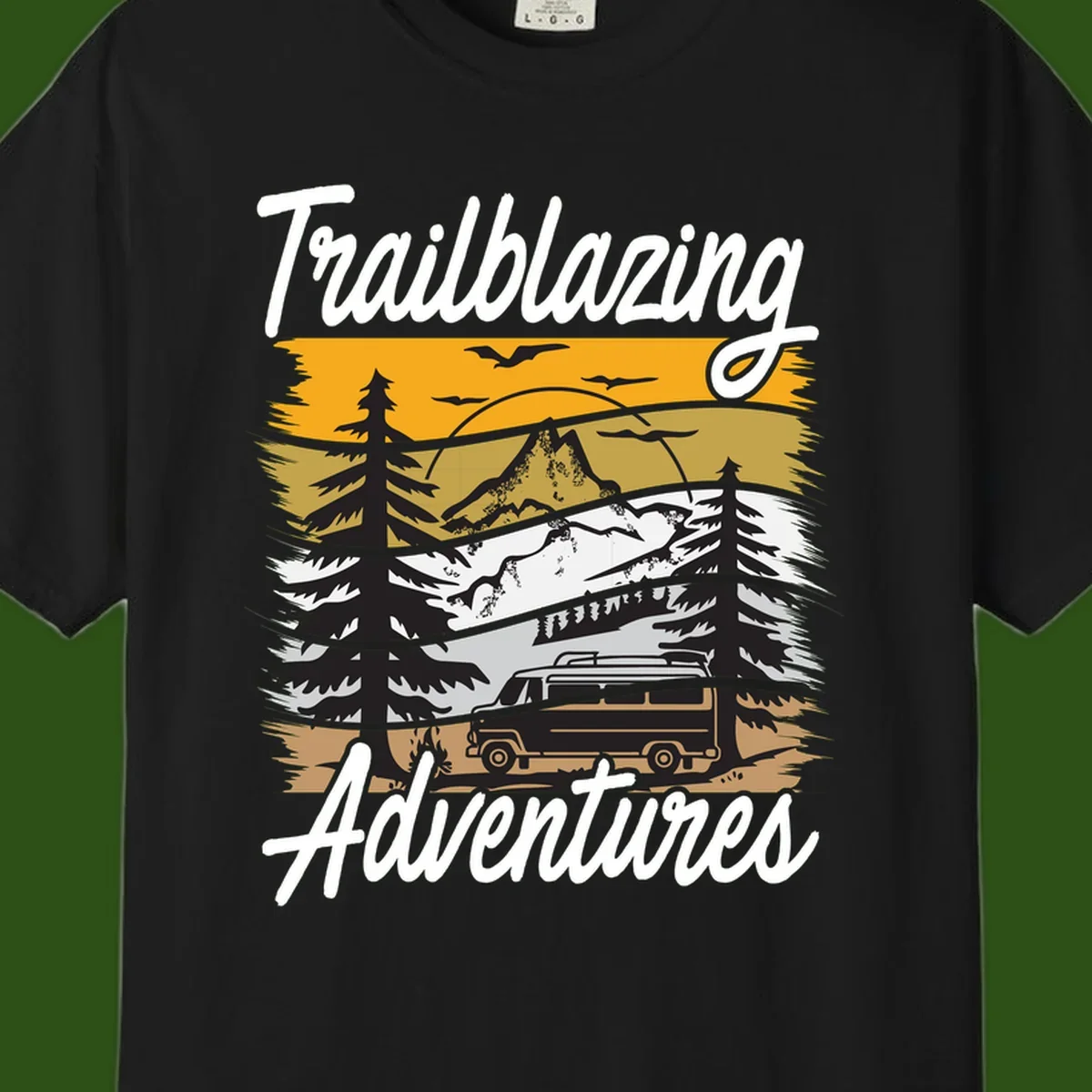 Layered mountain landscape with camping van, evergreen trees, and snowy peaks under golden sky with 'Trailblazing Adventures' text