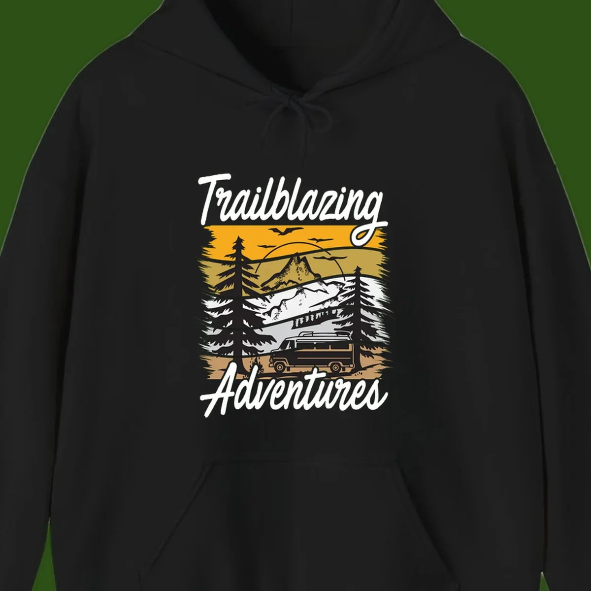 Layered mountain landscape with camping van, evergreen trees, and snowy peaks under golden sky with 'Trailblazing Adventures' text