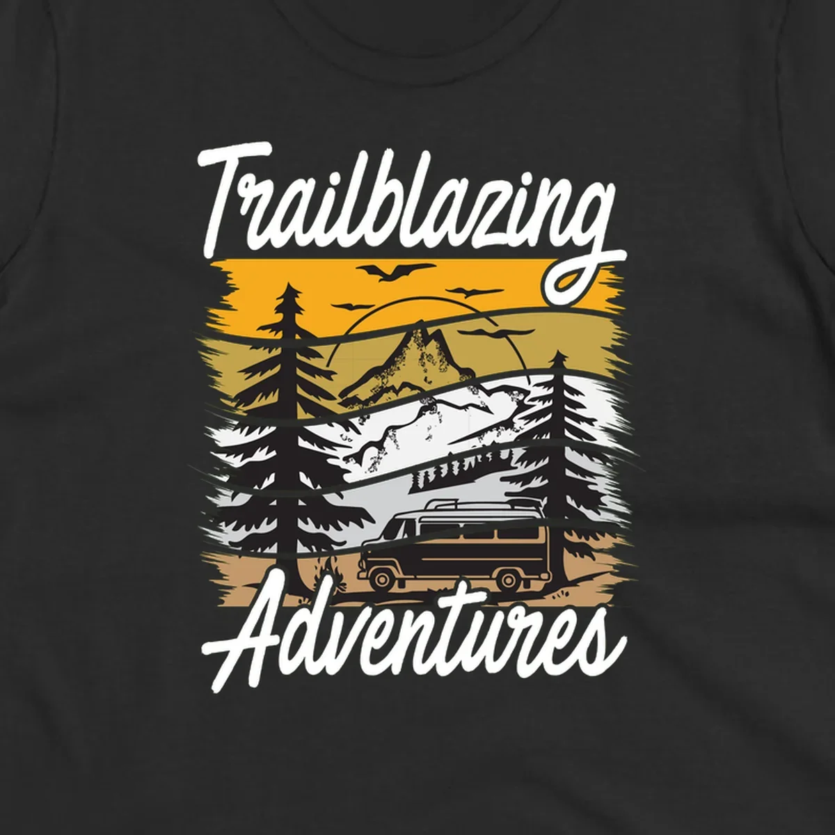 Layered mountain landscape with camping van, evergreen trees, and snowy peaks under golden sky with 'Trailblazing Adventures' text
