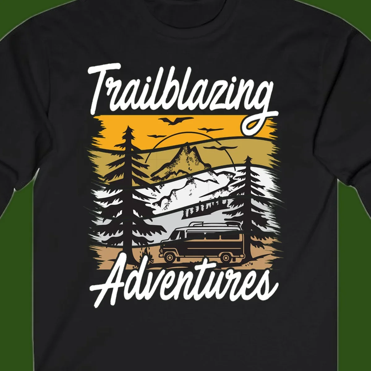 Layered mountain landscape with camping van, evergreen trees, and snowy peaks under golden sky with 'Trailblazing Adventures' text