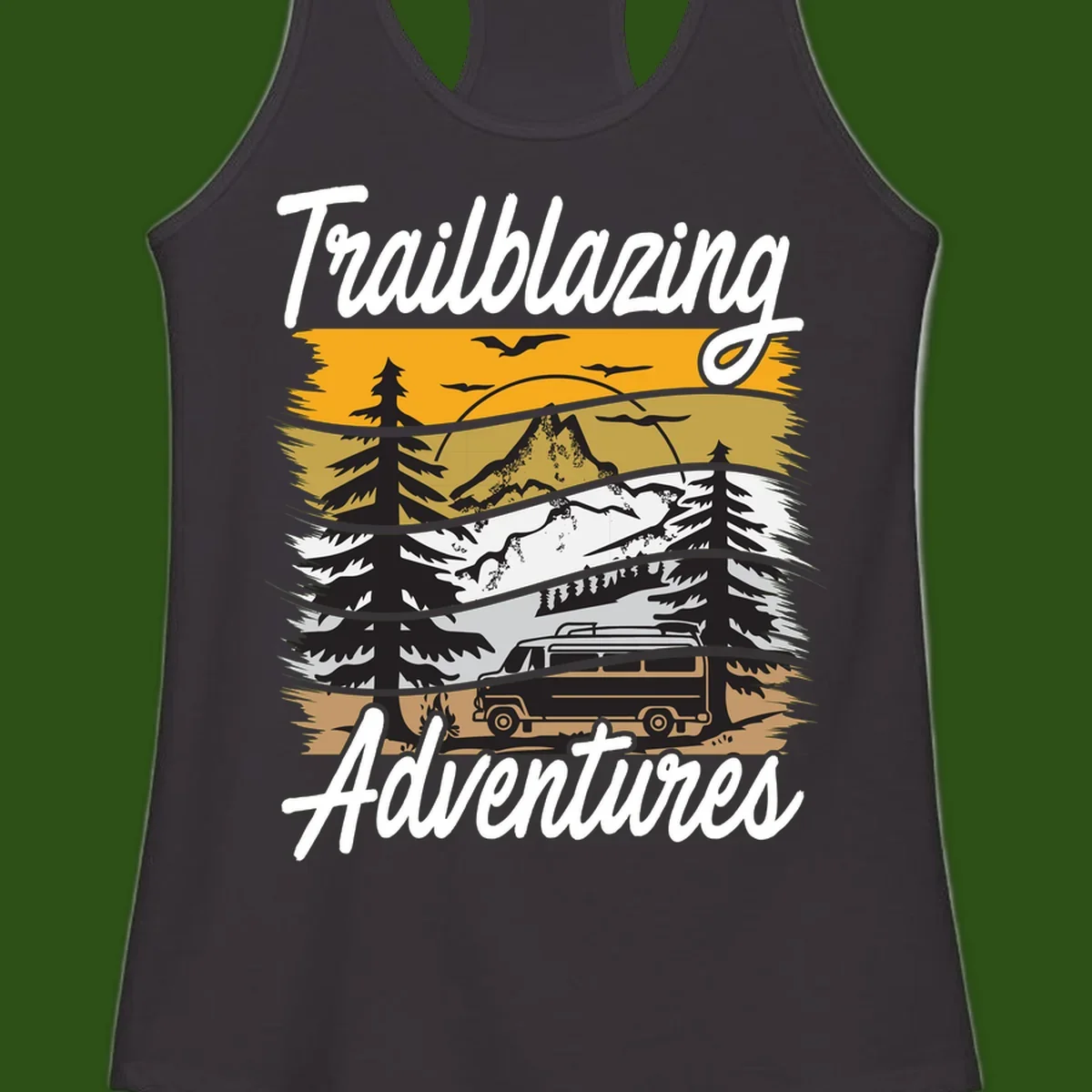 Layered mountain landscape with camping van, evergreen trees, and snowy peaks under golden sky with 'Trailblazing Adventures' text