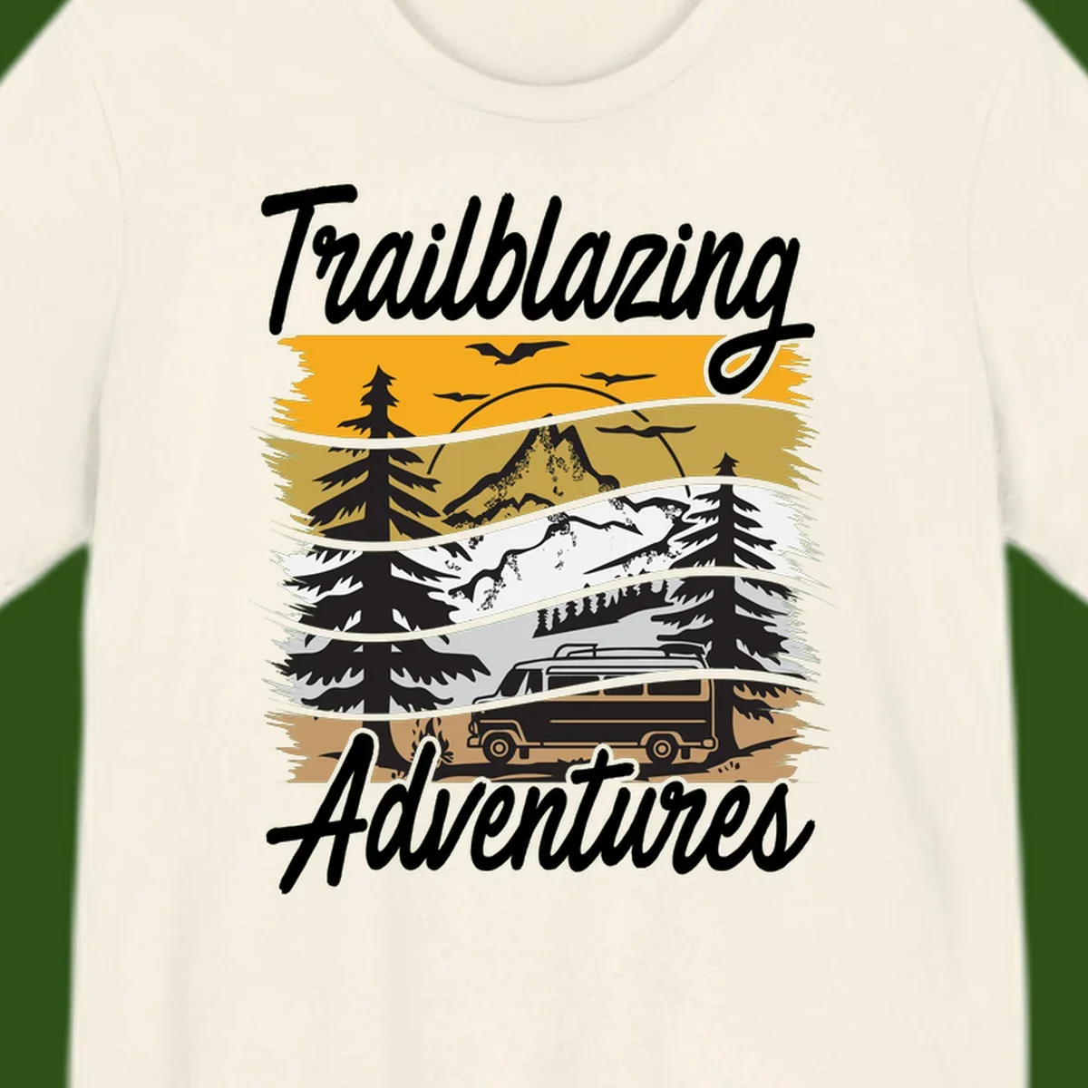 Layered mountain landscape with camping van, evergreen trees, and snowy peaks under golden sky with 'Trailblazing Adventures' text