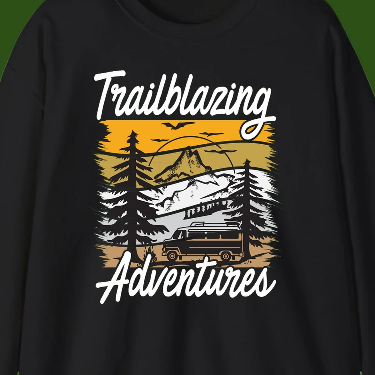 Layered mountain landscape with camping van, evergreen trees, and snowy peaks under golden sky with 'Trailblazing Adventures' text