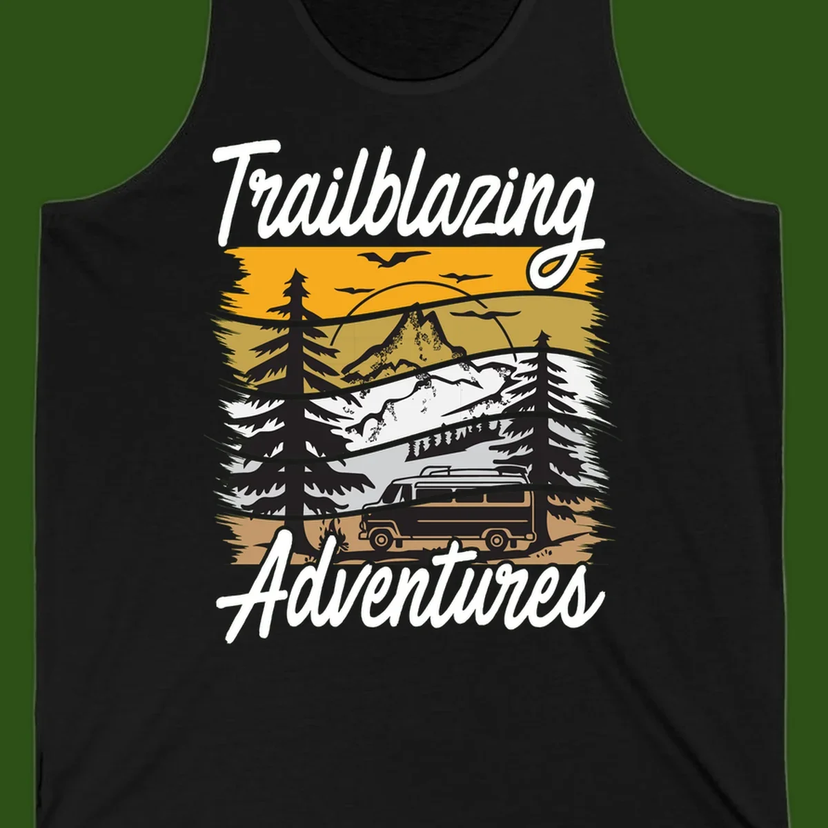 Layered mountain landscape with camping van, evergreen trees, and snowy peaks under golden sky with 'Trailblazing Adventures' text