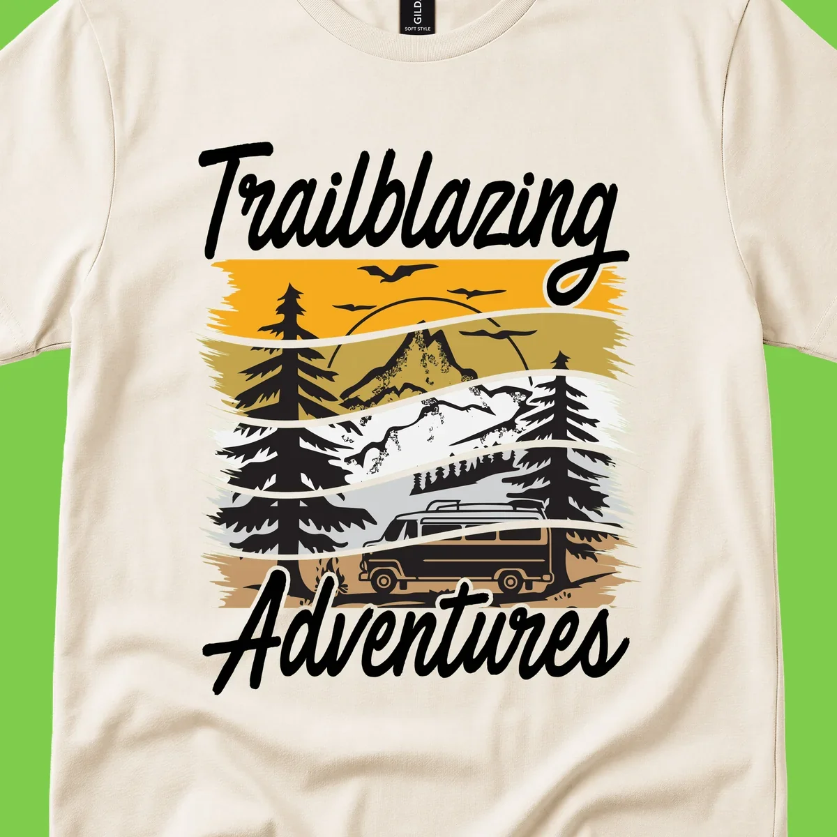 Layered mountain landscape with camping van, evergreen trees, and snowy peaks under golden sky with 'Trailblazing Adventures' text