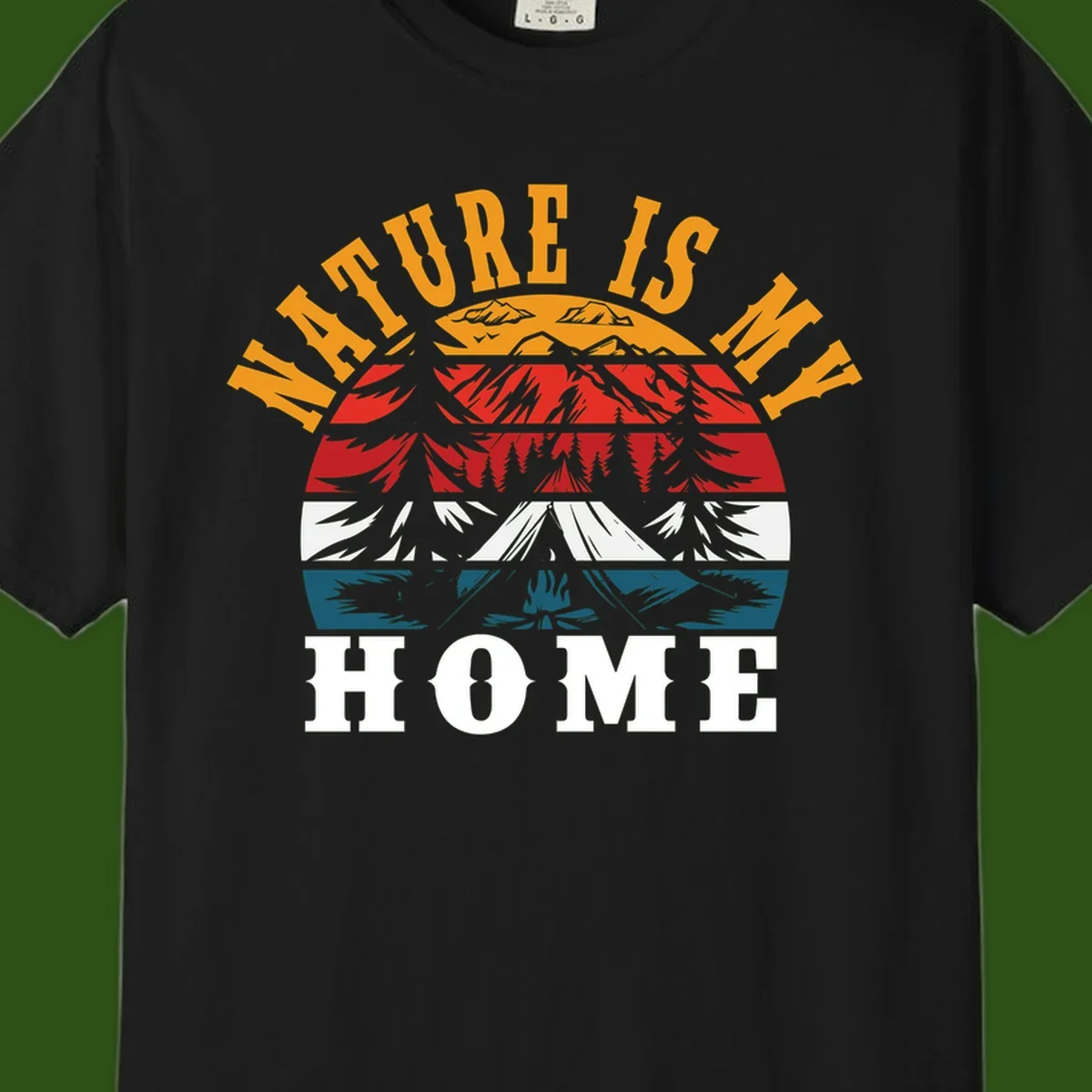 Nature Is Home mountain camping graphic with layered landscape, campfire, forest, and golden sun rays text design