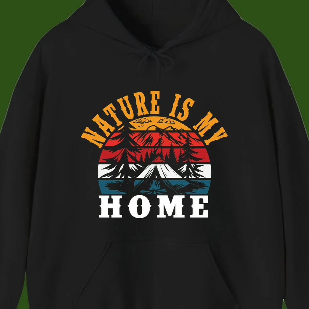 Nature Is Home mountain camping graphic with layered landscape, campfire, forest, and golden sun rays text design