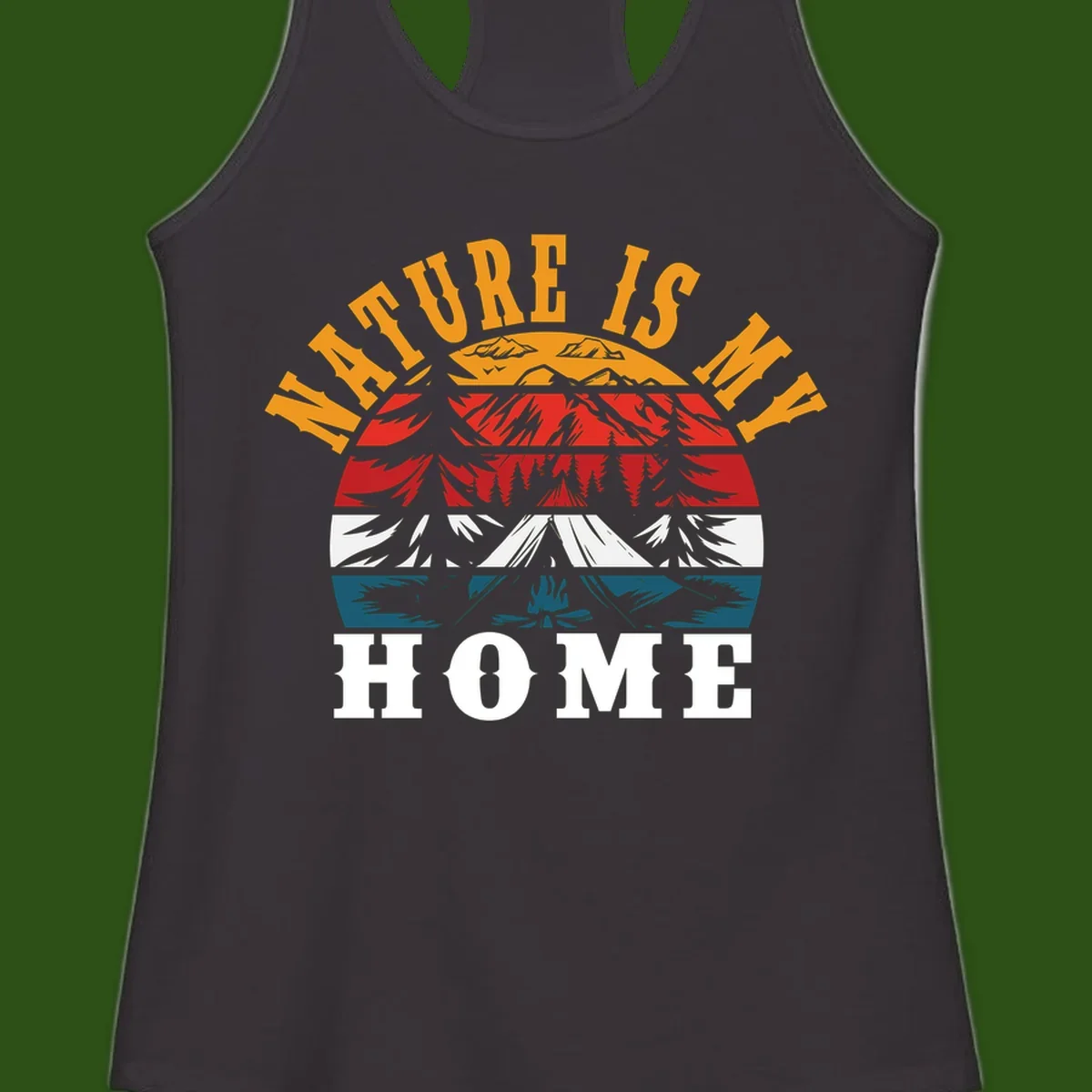 Nature Is Home mountain camping graphic with layered landscape, campfire, forest, and golden sun rays text design