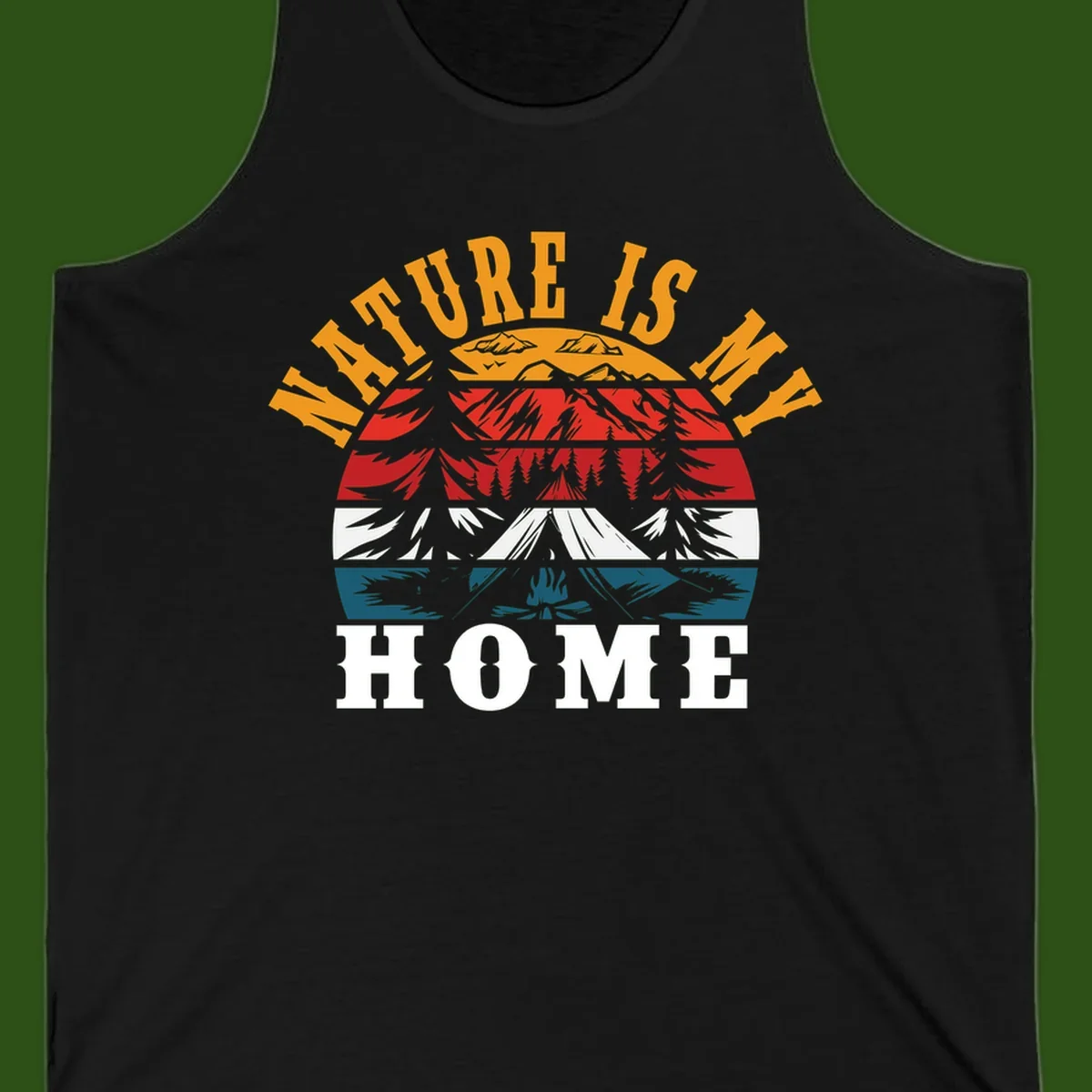 Nature Is Home mountain camping graphic with layered landscape, campfire, forest, and golden sun rays text design