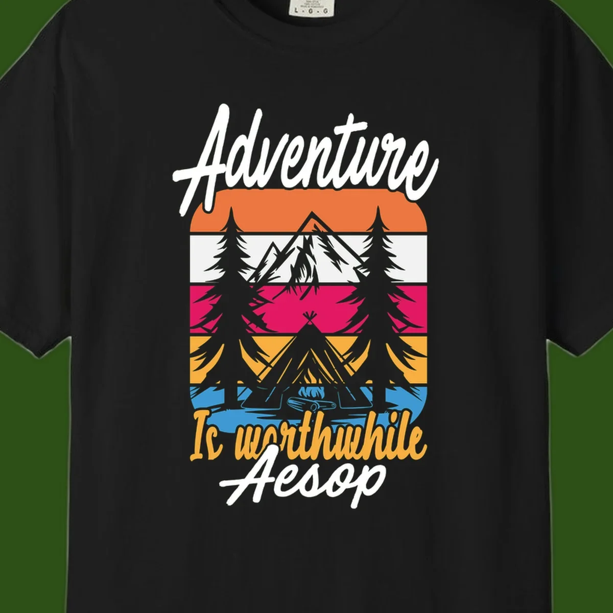 Retro layered mountain landscape with evergreen trees and 'Adventure Is Worthwhile Aesop' text in vintage style