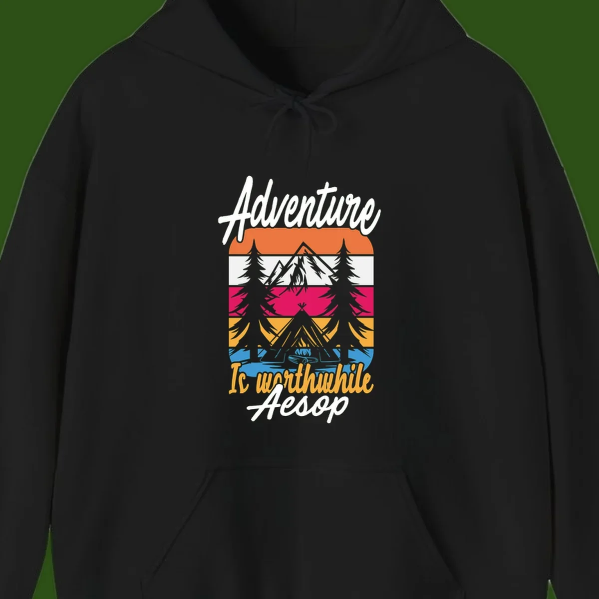 Retro layered mountain landscape with evergreen trees and 'Adventure Is Worthwhile Aesop' text in vintage style