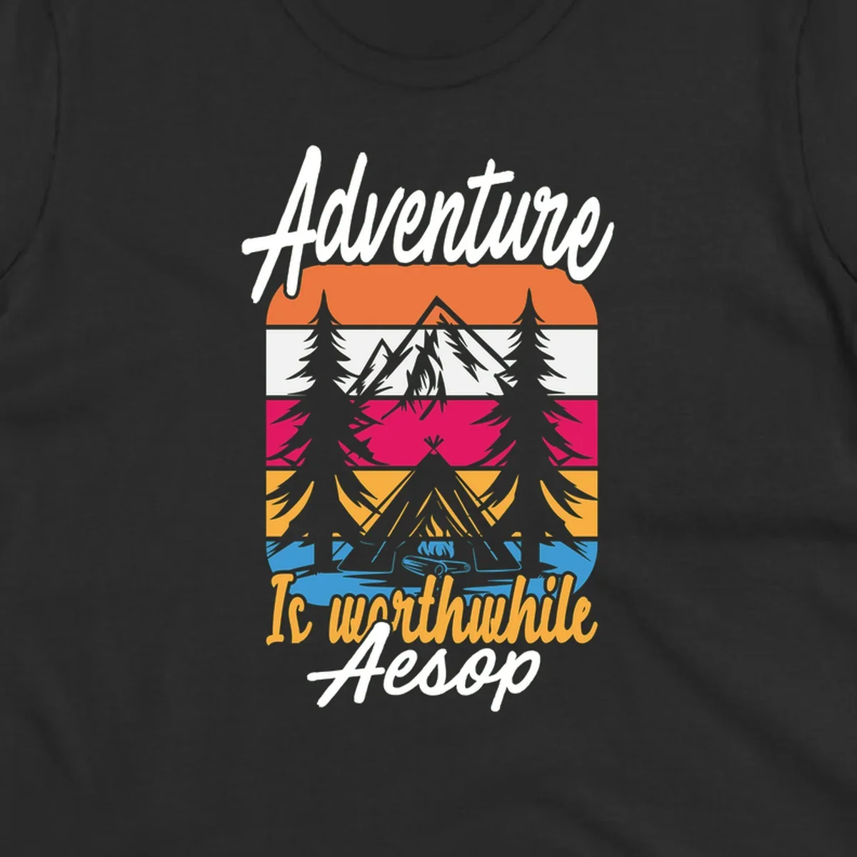 Retro layered mountain landscape with evergreen trees and 'Adventure Is Worthwhile Aesop' text in vintage style