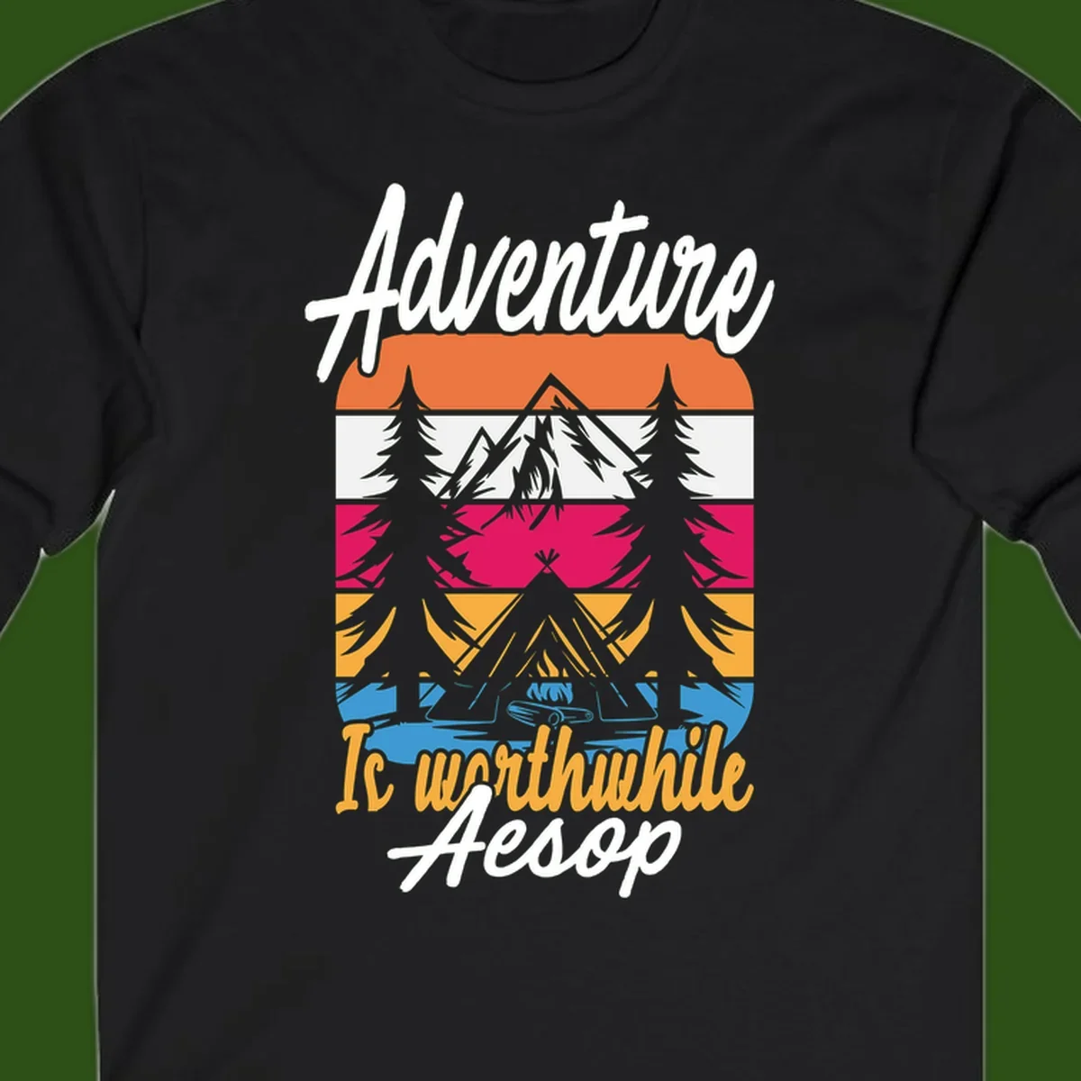 Retro layered mountain landscape with evergreen trees and 'Adventure Is Worthwhile Aesop' text in vintage style