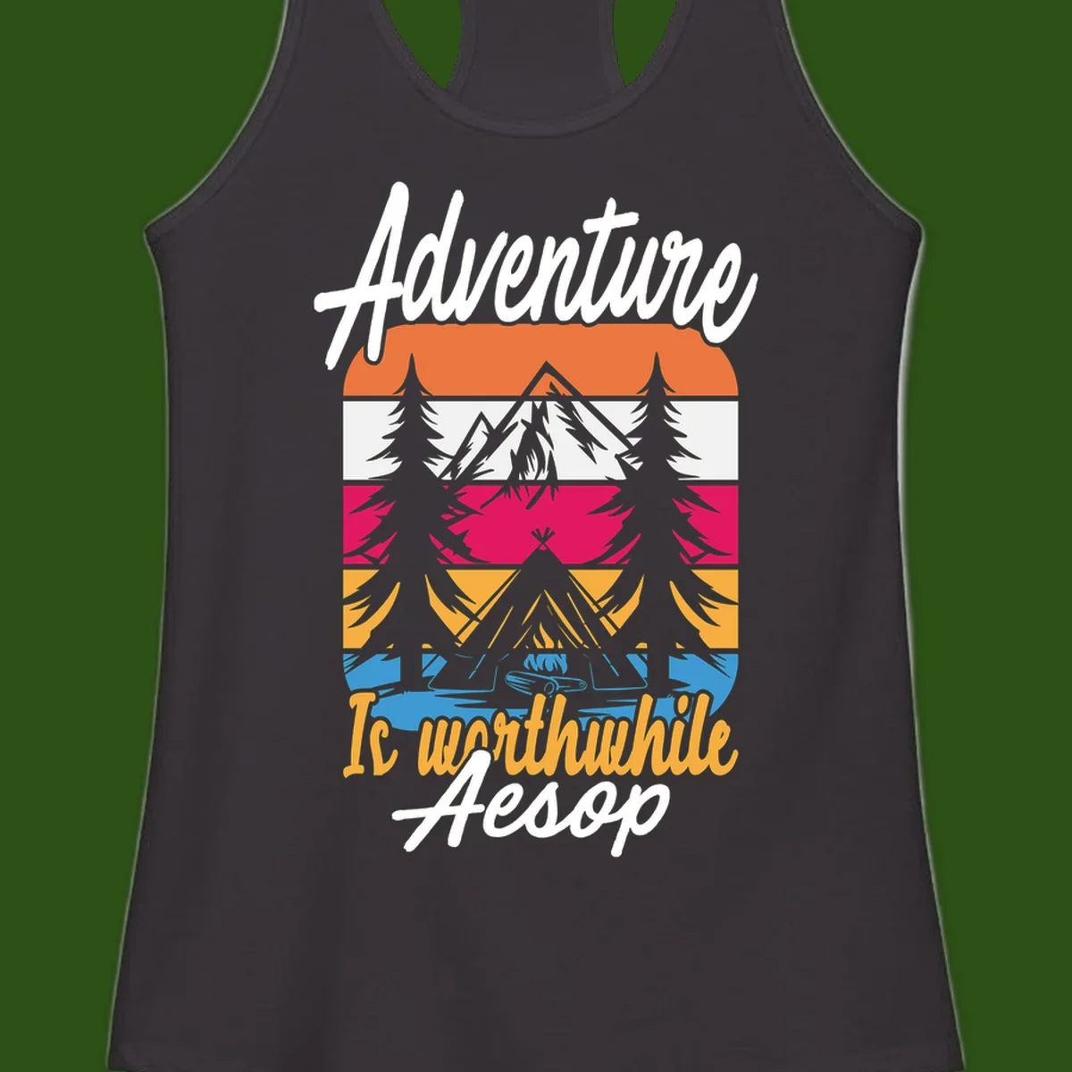 Retro layered mountain landscape with evergreen trees and 'Adventure Is Worthwhile Aesop' text in vintage style