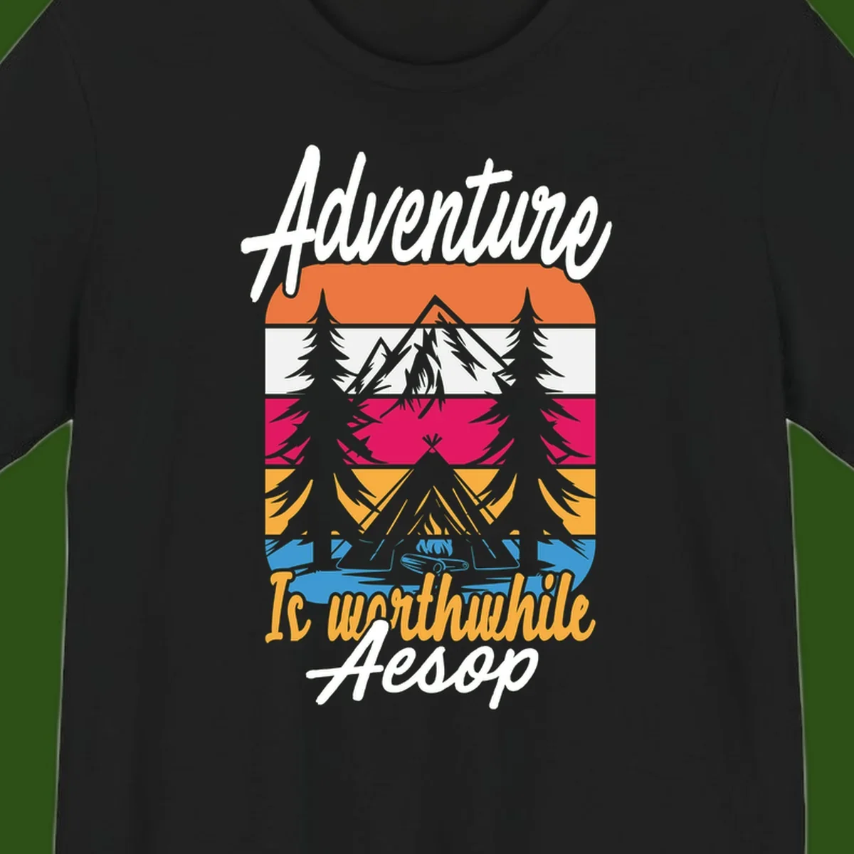 Retro layered mountain landscape with evergreen trees and 'Adventure Is Worthwhile Aesop' text in vintage style