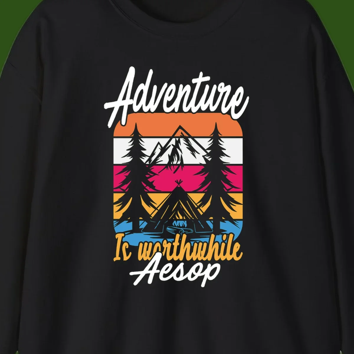 Retro layered mountain landscape with evergreen trees and 'Adventure Is Worthwhile Aesop' text in vintage style