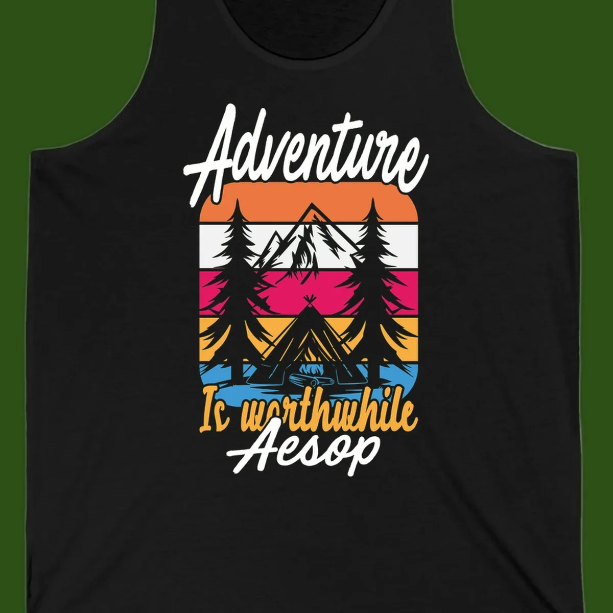Retro layered mountain landscape with evergreen trees and 'Adventure Is Worthwhile Aesop' text in vintage style