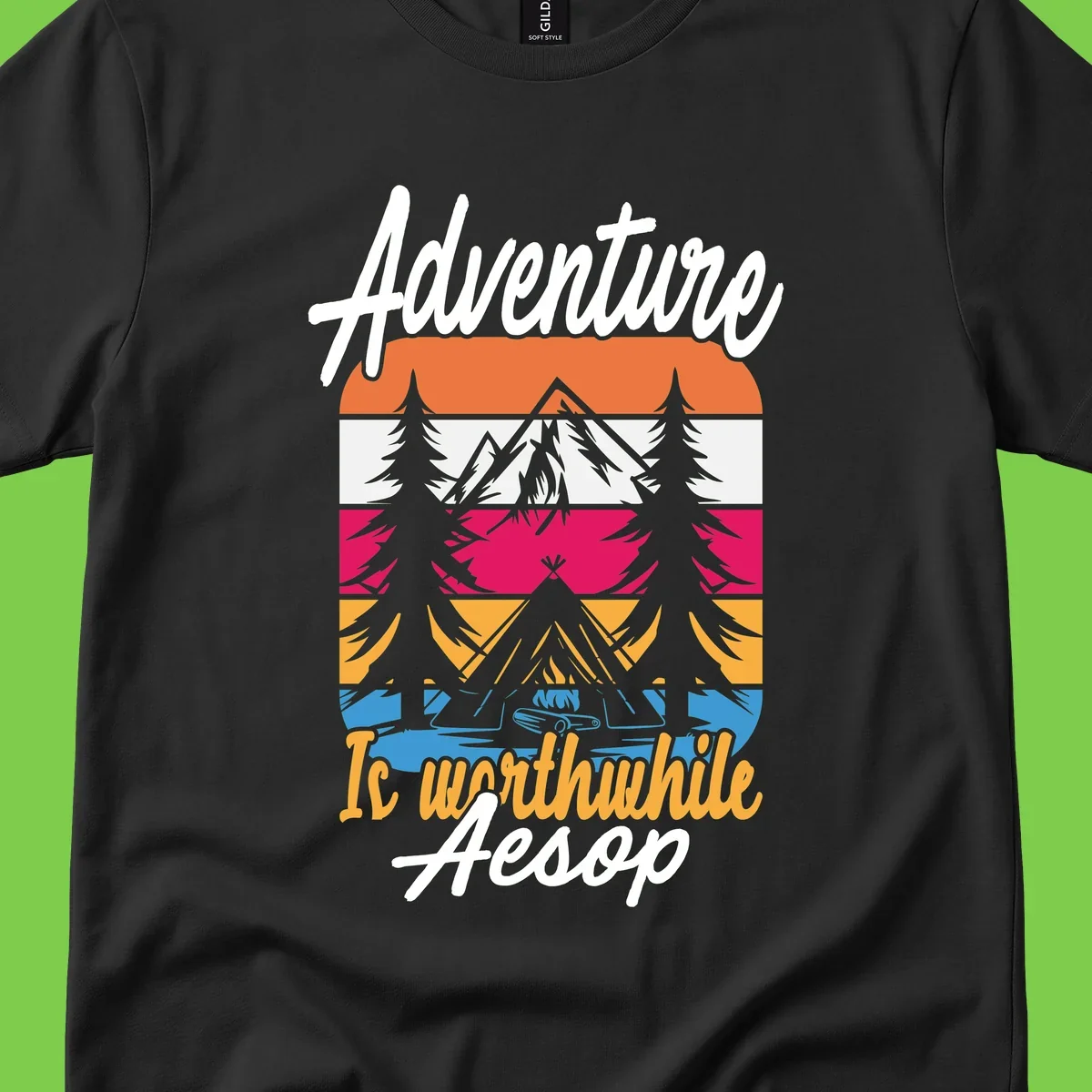 Retro layered mountain landscape with evergreen trees and 'Adventure Is Worthwhile Aesop' text in vintage style