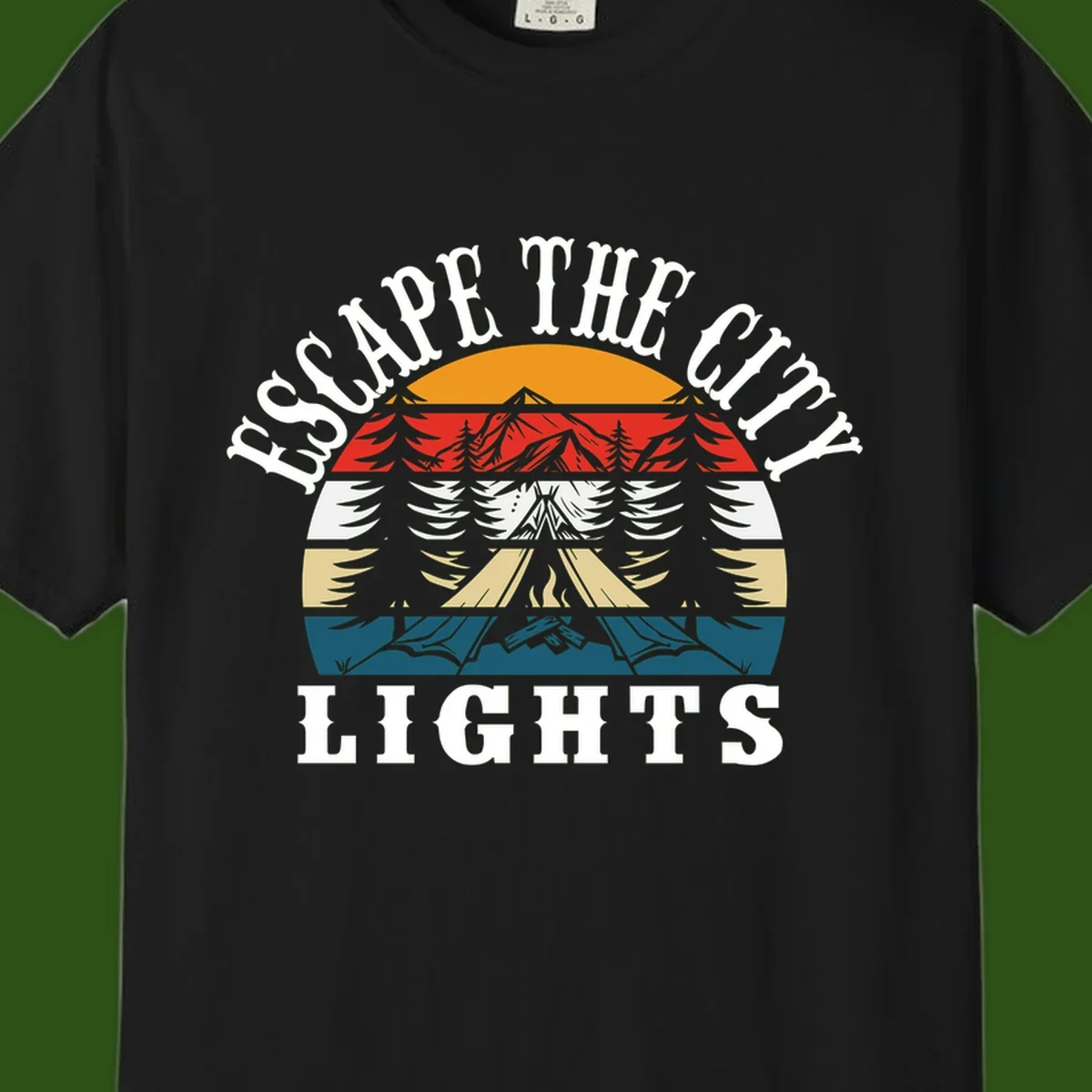 Circular badge with mountain peak, campfire, and layered landscape in orange, red, white, tan, and teal with 'Respect The Campfire Lights' text.