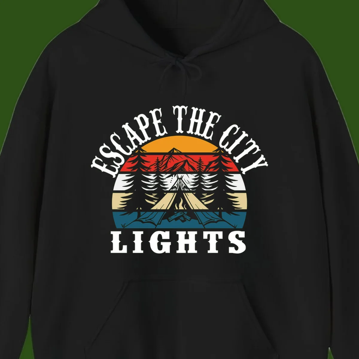 Circular badge with mountain peak, campfire, and layered landscape in orange, red, white, tan, and teal with 'Respect The Campfire Lights' text.