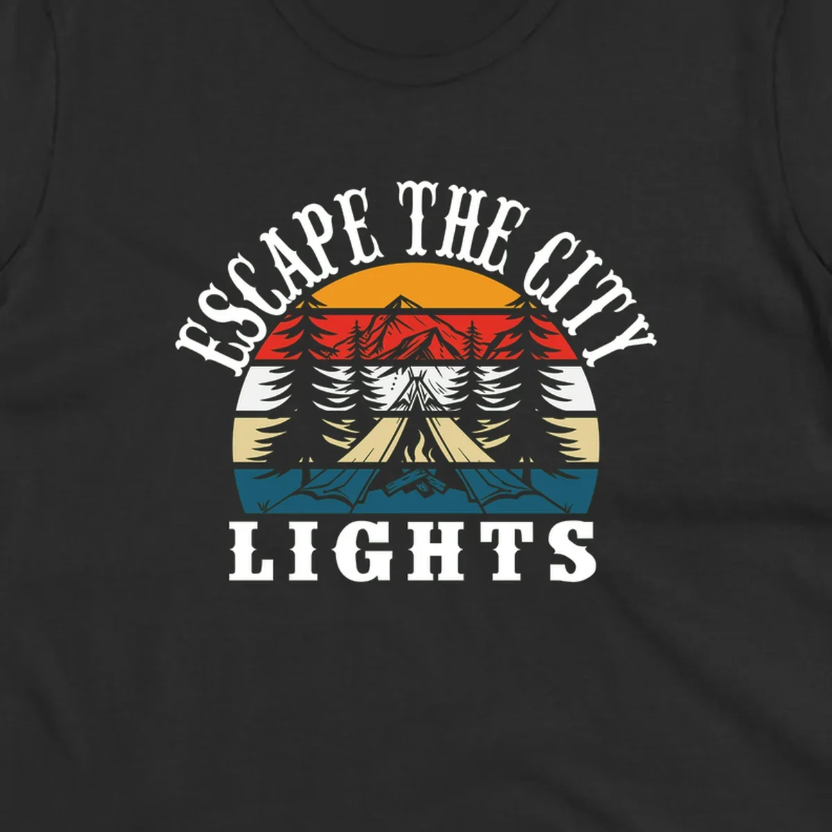 Circular badge with mountain peak, campfire, and layered landscape in orange, red, white, tan, and teal with 'Respect The Campfire Lights' text.