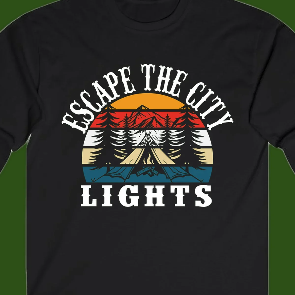 Circular badge with mountain peak, campfire, and layered landscape in orange, red, white, tan, and teal with 'Respect The Campfire Lights' text.