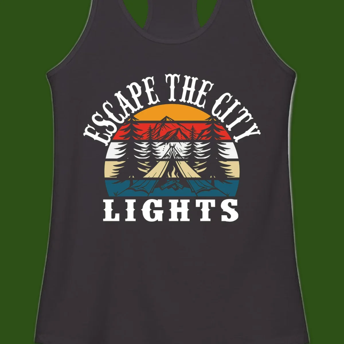 Circular badge with mountain peak, campfire, and layered landscape in orange, red, white, tan, and teal with 'Respect The Campfire Lights' text.