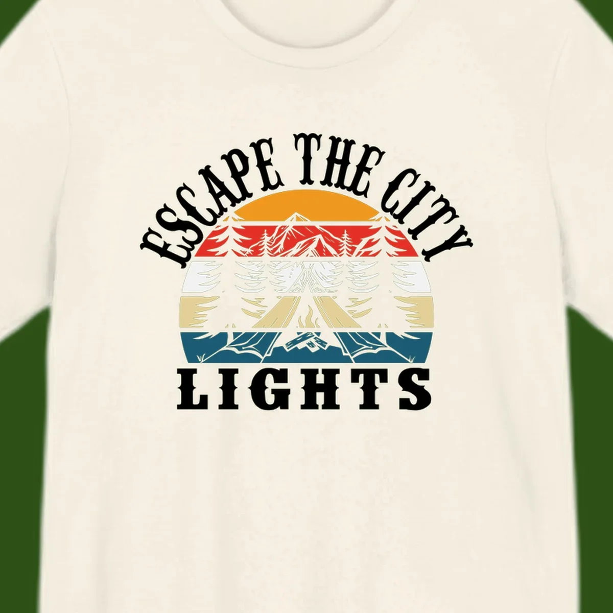 Circular badge with mountain peak, campfire, and layered landscape in orange, red, white, tan, and teal with 'Respect The Campfire Lights' text.