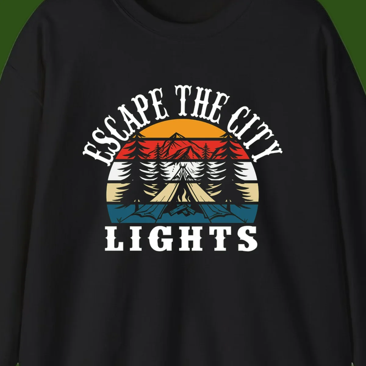 Circular badge with mountain peak, campfire, and layered landscape in orange, red, white, tan, and teal with 'Respect The Campfire Lights' text.