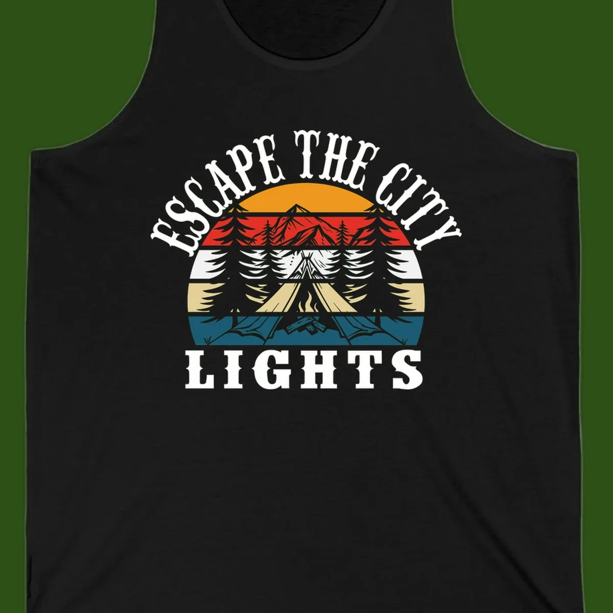 Circular badge with mountain peak, campfire, and layered landscape in orange, red, white, tan, and teal with 'Respect The Campfire Lights' text.