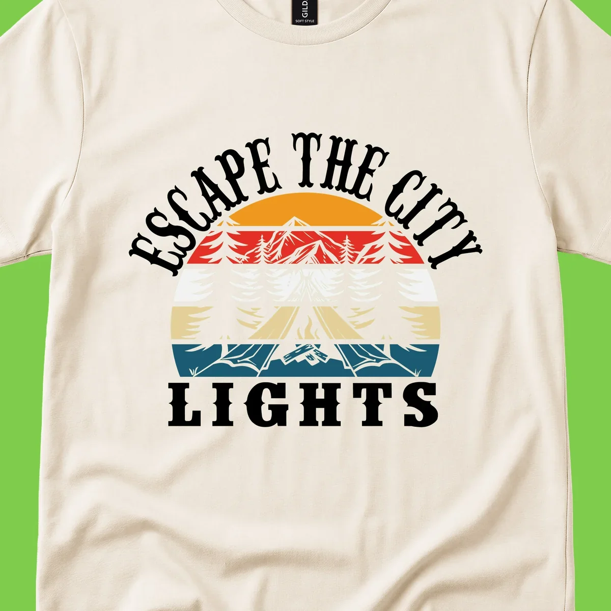 Circular badge with mountain peak, campfire, and layered landscape in orange, red, white, tan, and teal with 'Respect The Campfire Lights' text.