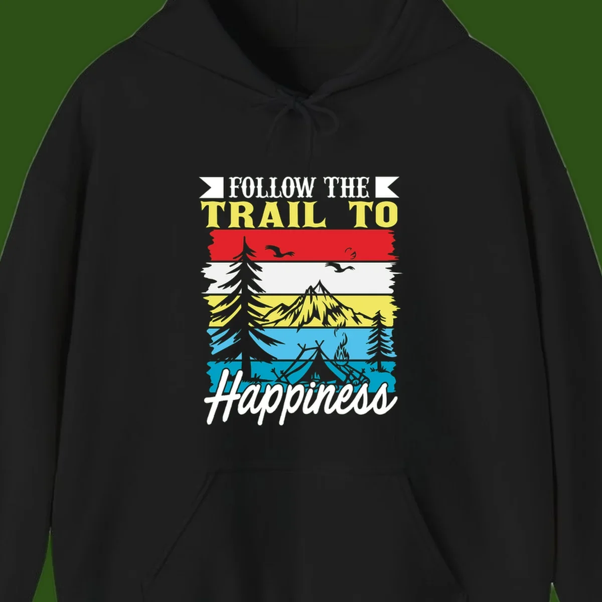 Striped landscape illustration with 'Follow The Trail To Happiness' text, featuring camping, hiking, and outdoor silhouettes across forest, mountain, and water scenes.