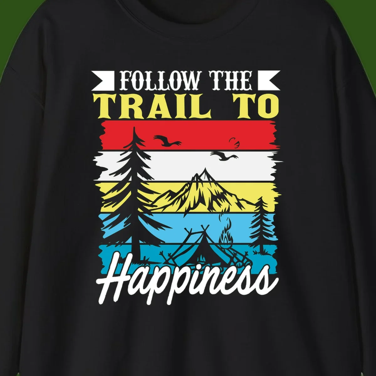 Striped landscape illustration with 'Follow The Trail To Happiness' text, featuring camping, hiking, and outdoor silhouettes across forest, mountain, and water scenes.