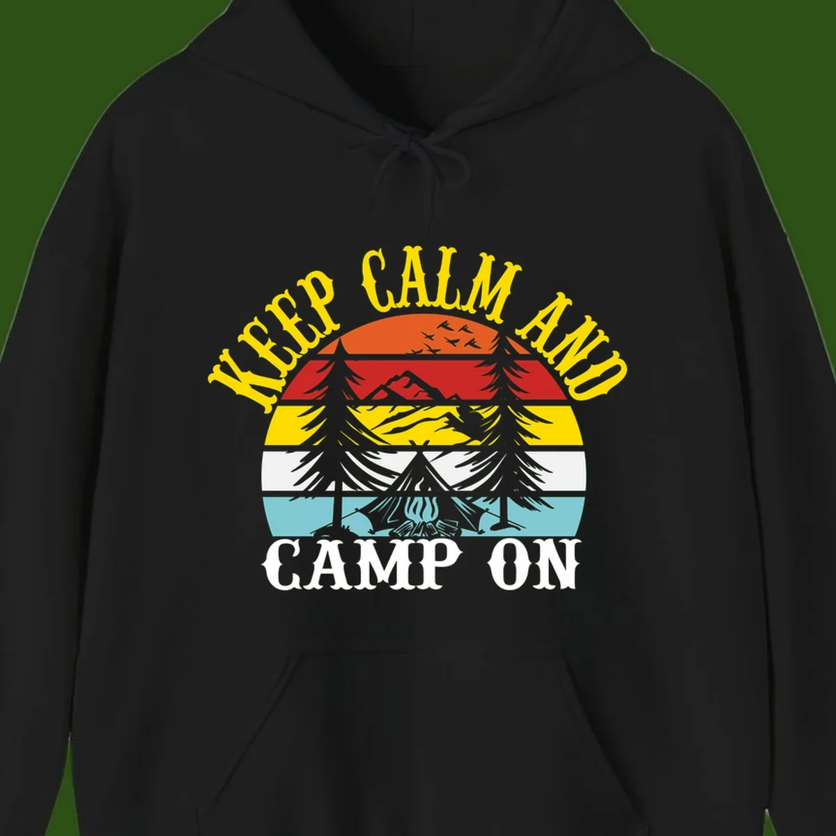 Keep Calm and Camp On design with colorful horizontal stripes, tree roots, and camping-themed text banner