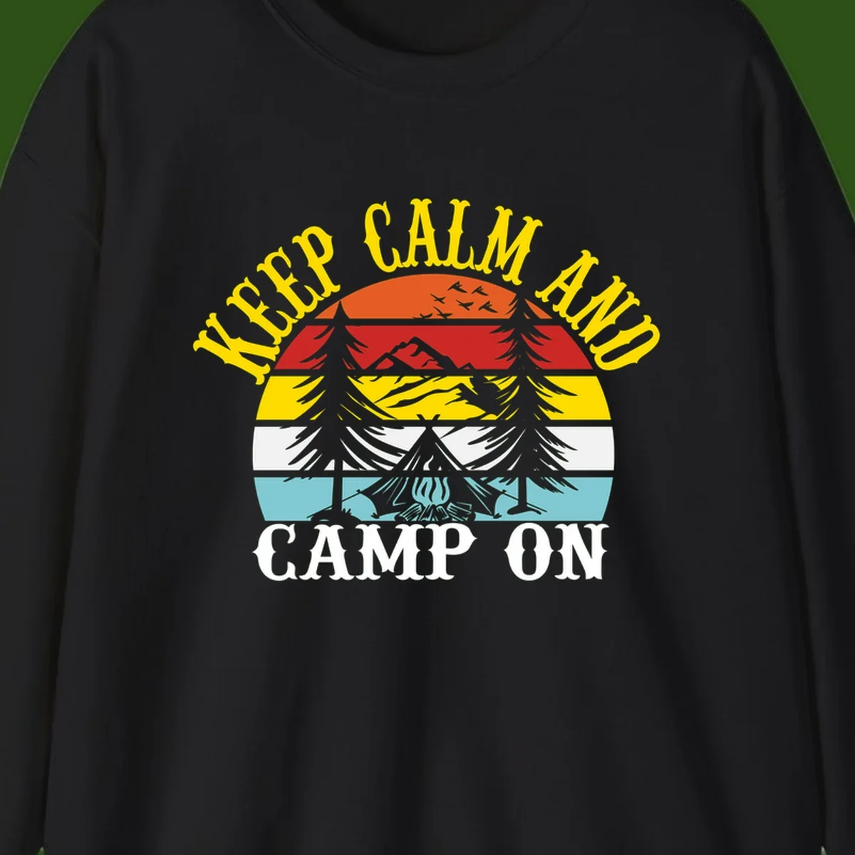Keep Calm and Camp On design with colorful horizontal stripes, tree roots, and camping-themed text banner