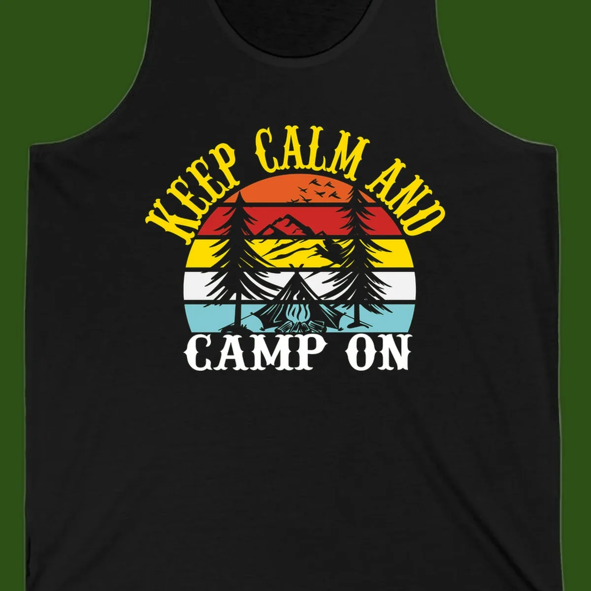 Keep Calm and Camp On design with colorful horizontal stripes, tree roots, and camping-themed text banner