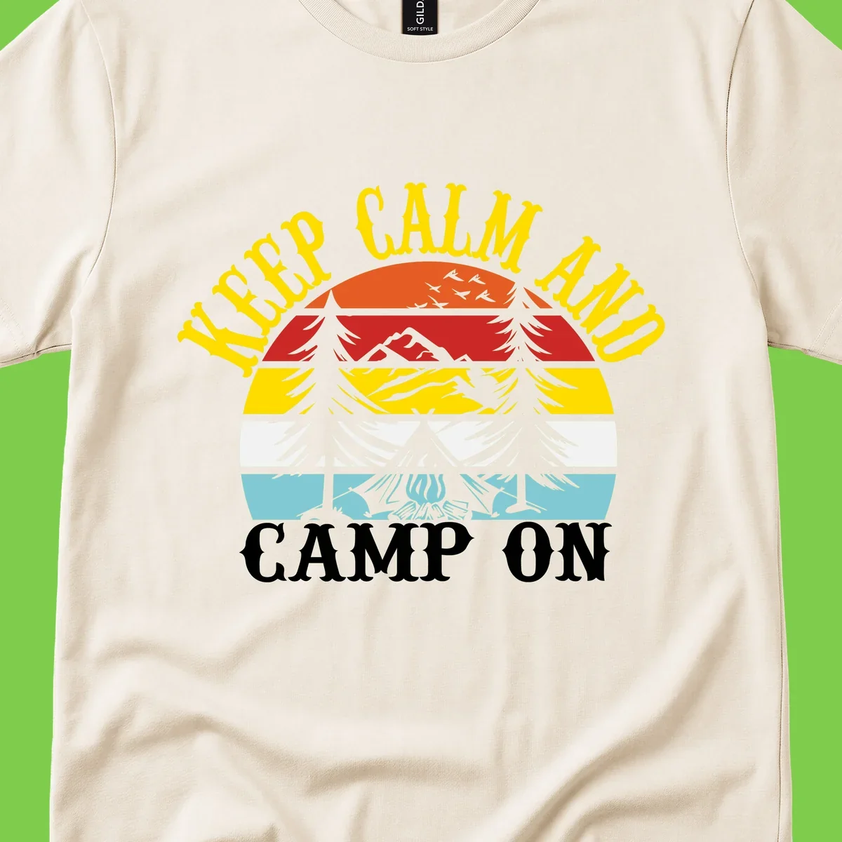 Keep Calm and Camp On design with colorful horizontal stripes, tree roots, and camping-themed text banner