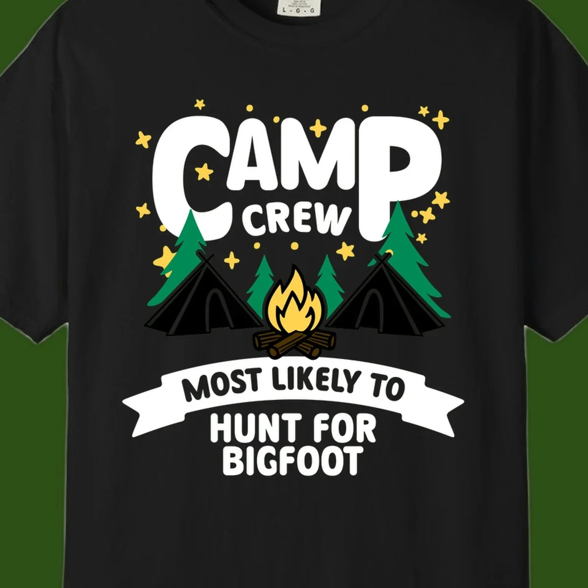 Camp crew bigfoot hunt design with teepees, campfire, pine trees, and stars on gray background