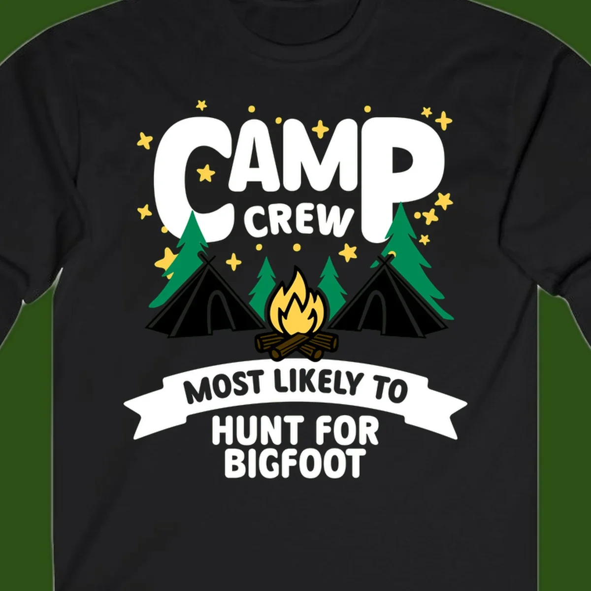 Camp crew bigfoot hunt design with teepees, campfire, pine trees, and stars on gray background